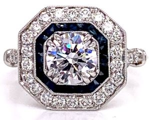 14KW SAPPHIRE ROUND ART DECO RING