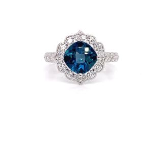14KW LONDON BLUE TOPAZ CUSHION RING