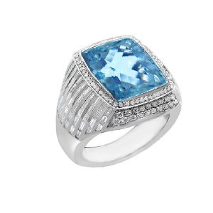 14KW AQUAMARINE CUSHION MEN'S RING