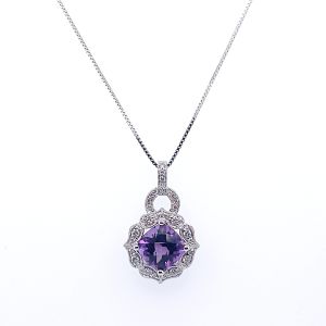 14KW AMETHYST CUSHION PENDANT WITH CHAIN