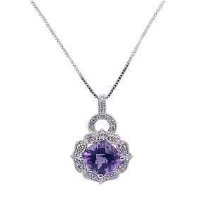 14KW AMETHYST CUSHION PENDANT WITH CHAIN